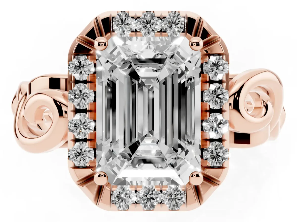 Emerald Cut Cut Halo Diamond Ring with Scrollwork Band and Four-Prong Setting Rose gold