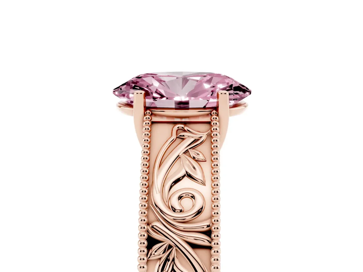 Fancy Pink Oval Cut Diamond Solitaire Ring with Engraved Band and Four-Prong Setting Rose gold