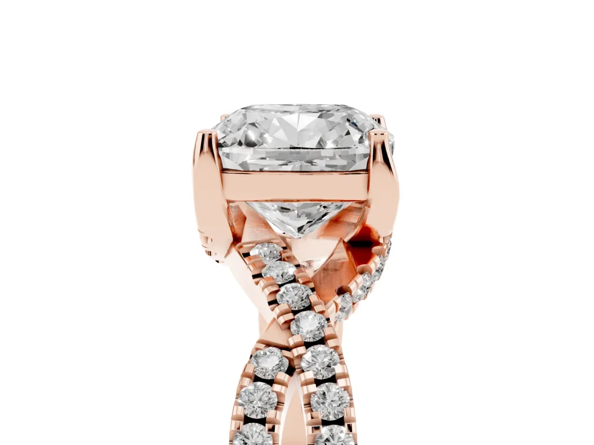 Cushion Cut Solitaire Twist Pave Diamond Engagement Ring with Prong Setting Rose gold