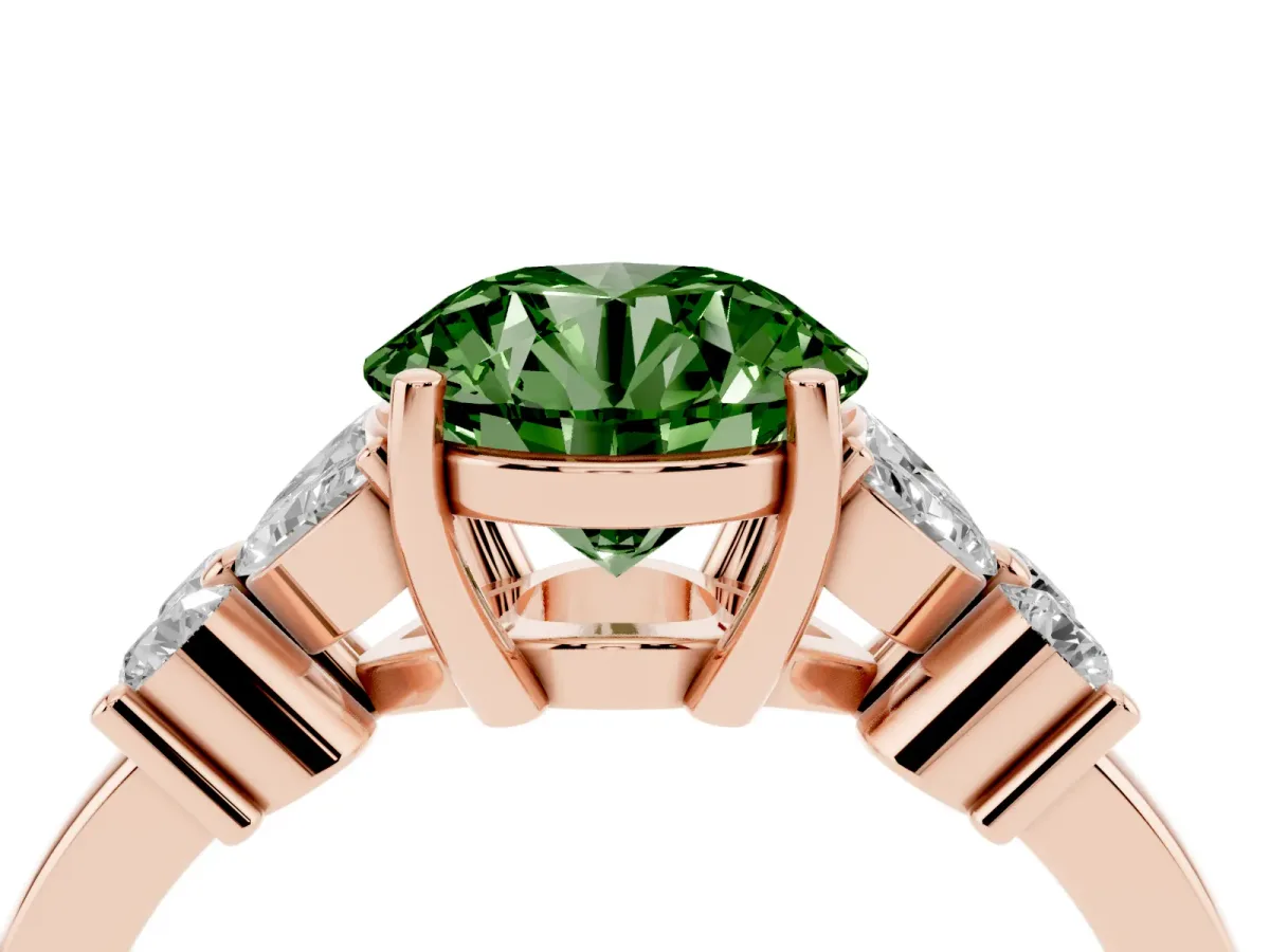 Fancy Green Round Cut Diamond Floral Cluster Ring with Solitaire Band and Prong Setting Rose gold
