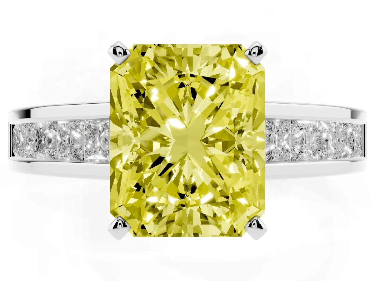 Fancy Yellow Radiant Cut Solitaire Diamond Ring with Channel-Set Band and Four-Prong Setting Silver