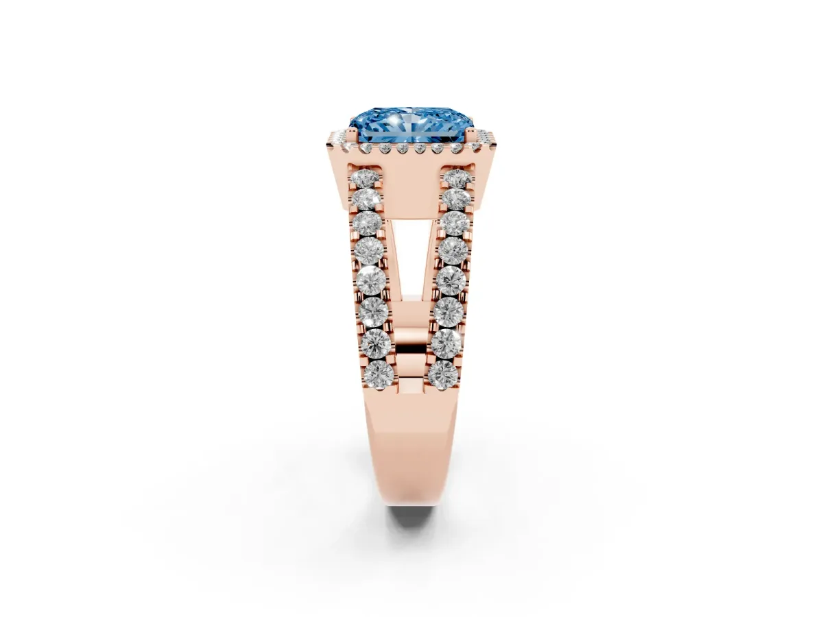 Fancy Blue Radiant Cut Cut Halo Split Shank Diamond Ring with Four-Prong Setting Rose gold