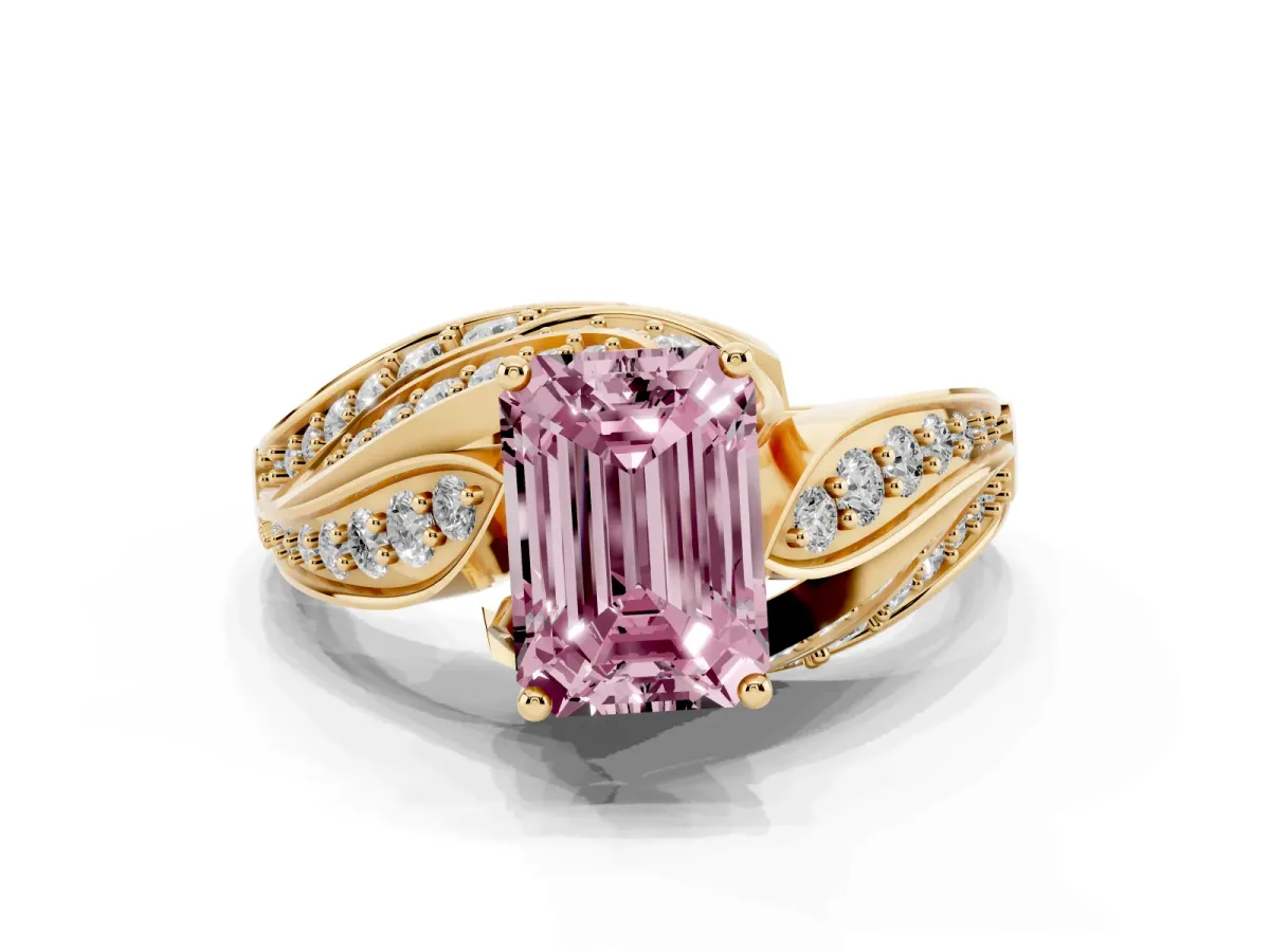 Fancy Pink Emerald Cut Diamond Solitaire Ring with Prong Setting and Twisted Pavé Band Yellow gold