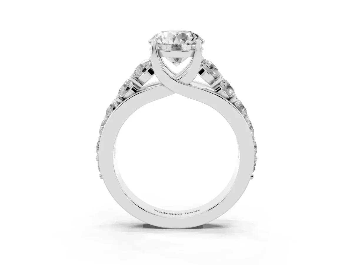 Round Cut Diamond Engagement Ring with Pavé Band and Four-Prong Setting Silver