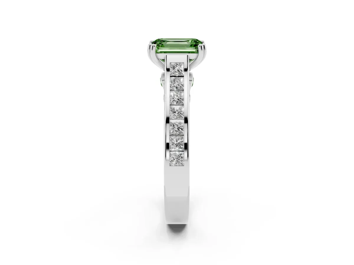 Fancy Green Emerald Cut Cut Channel Set Solitaire Engagement Ring with Prong Setting White gold