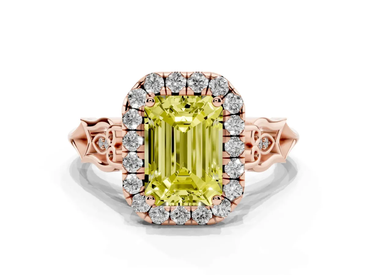 Fancy Yellow Emerald Cut Halo Diamond Engagement Ring with Filigree Band and Four-Prong Setting Rose gold
