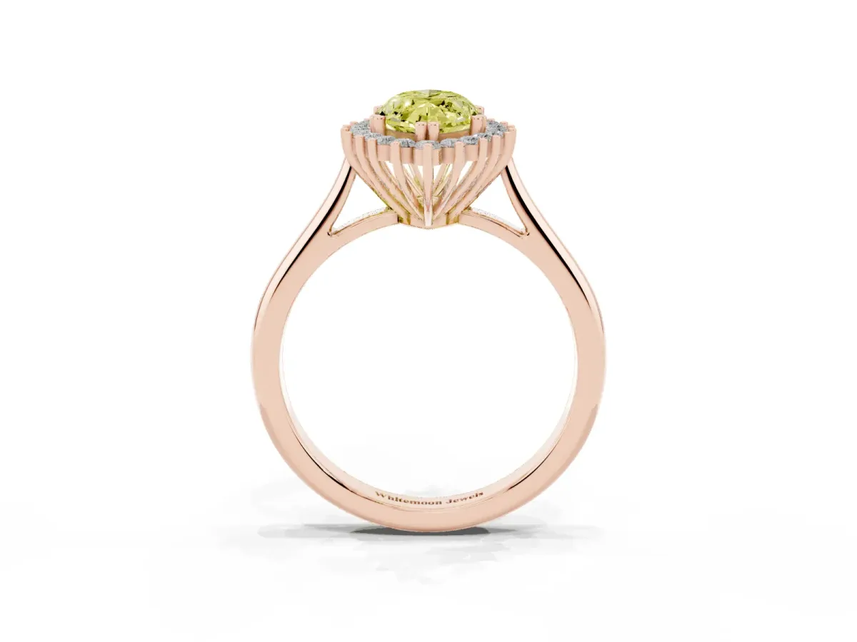 Fancy Yellow Marquise Cut Cut Diamond Halo Ring with Solitaire Band and Prong Setting Rose gold