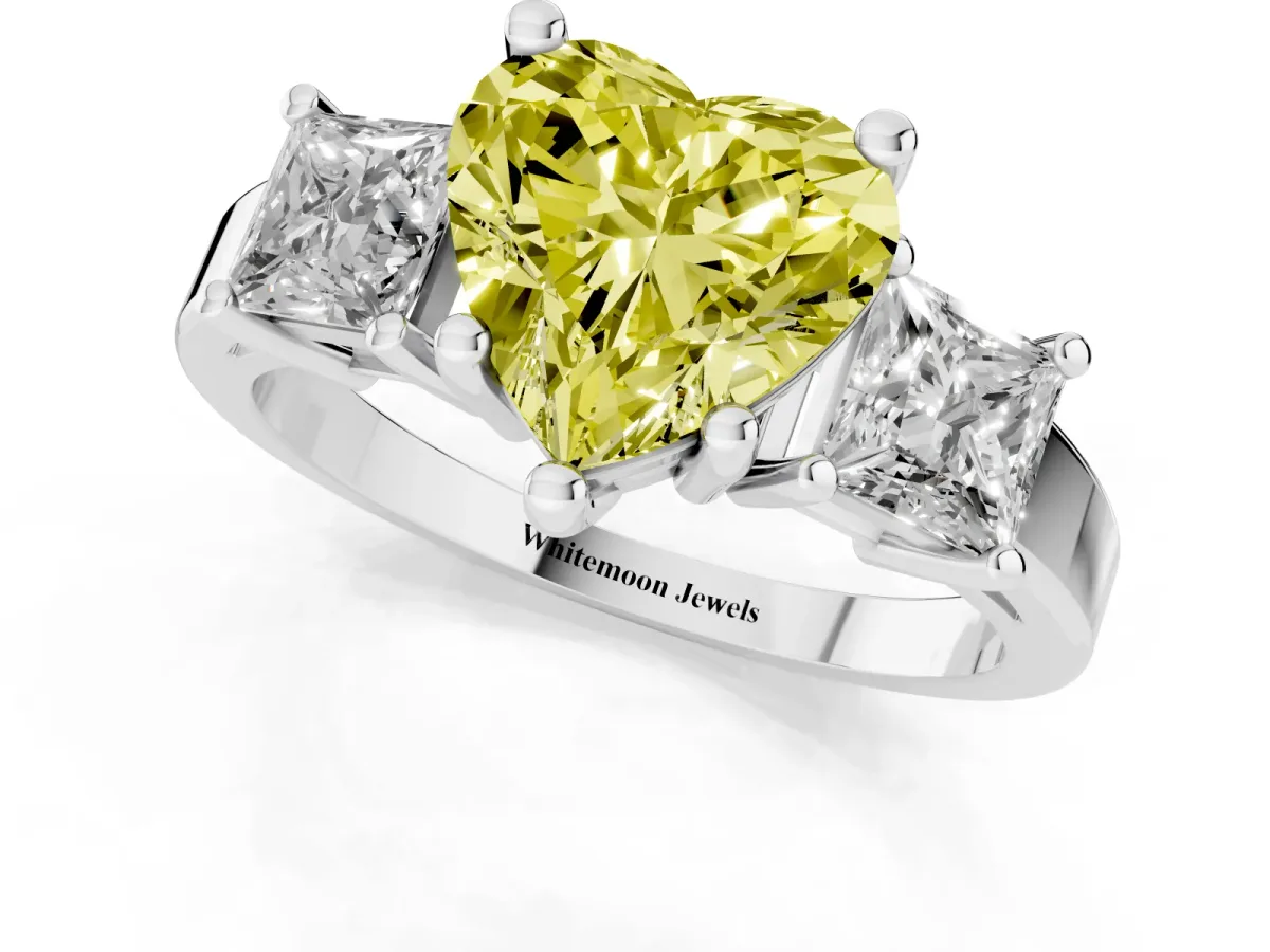 Fancy Yellow Three-Stone Heart Cut Cut Solitaire Ring with Prong Setting Silver