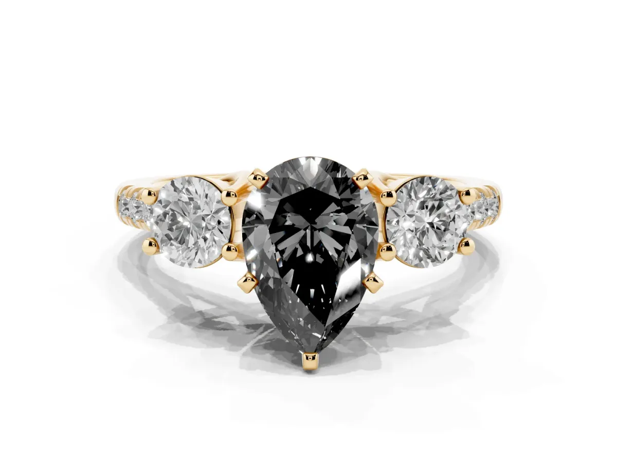 Fancy Black Three-Stone Pear Cut Diamond Pavé Band with Four-Prong Setting Yellow gold