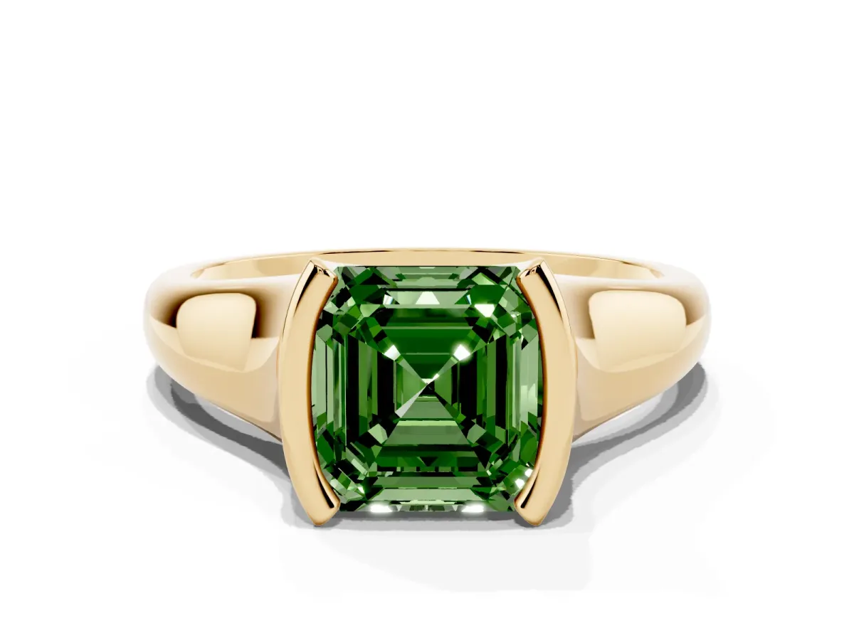 Fancy Green Asscher Cut Solitaire Tension Set Diamond Ring with Split Shank Band Yellow gold
