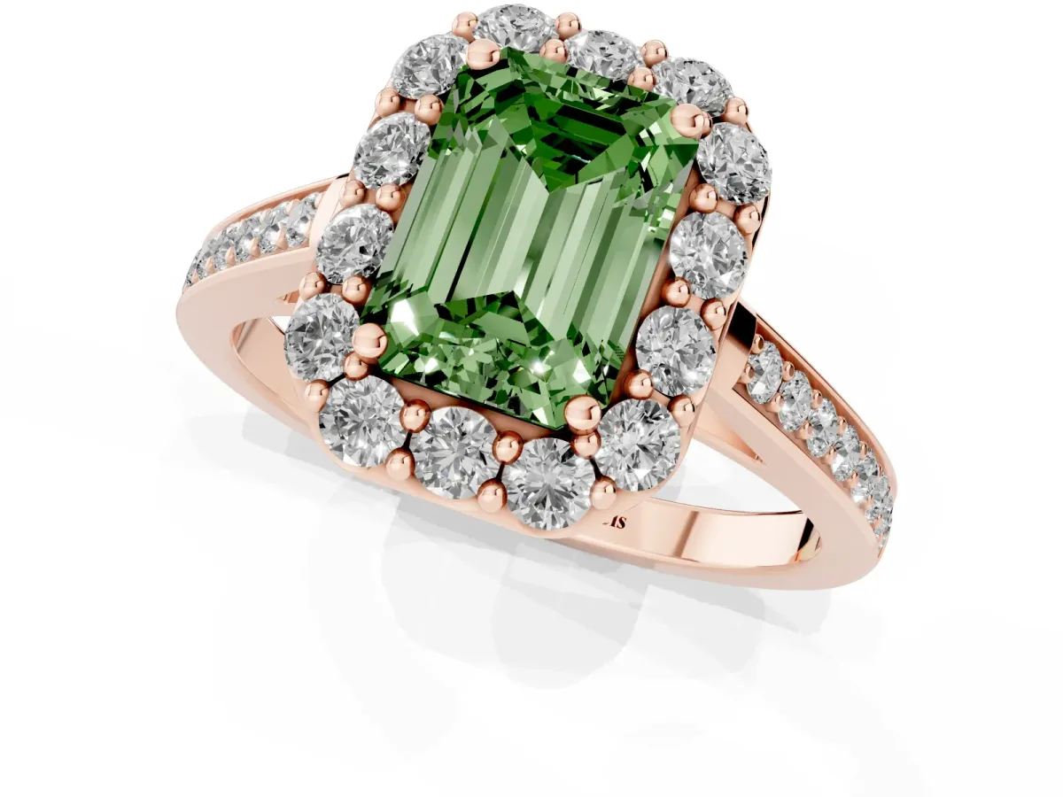 Fancy Green Emerald Cut Diamond Floral Halo Ring with Pavé Band and Prong Setting Rose gold