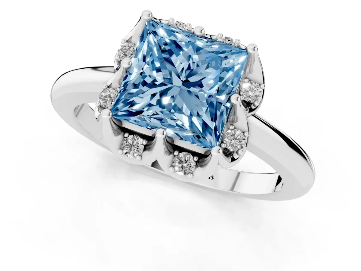 Fancy Blue Princess Cut Halo Diamond Ring with Round Cluster Setting, Solitaire Band, and Four-Prong Setting Silver