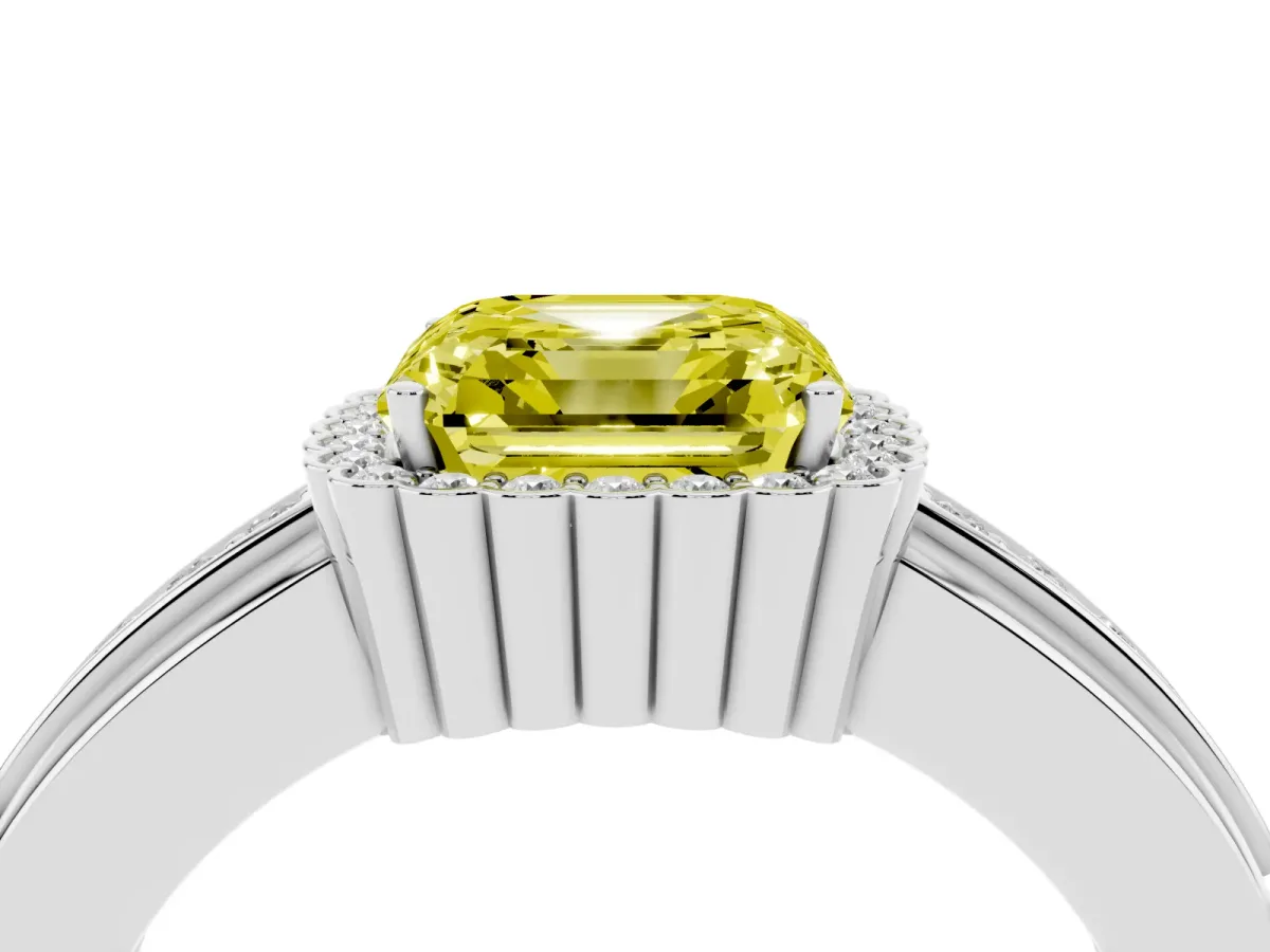 Fancy Yellow Asscher Cut Cut Halo Pave Band Four-Prong Ring Platinum
