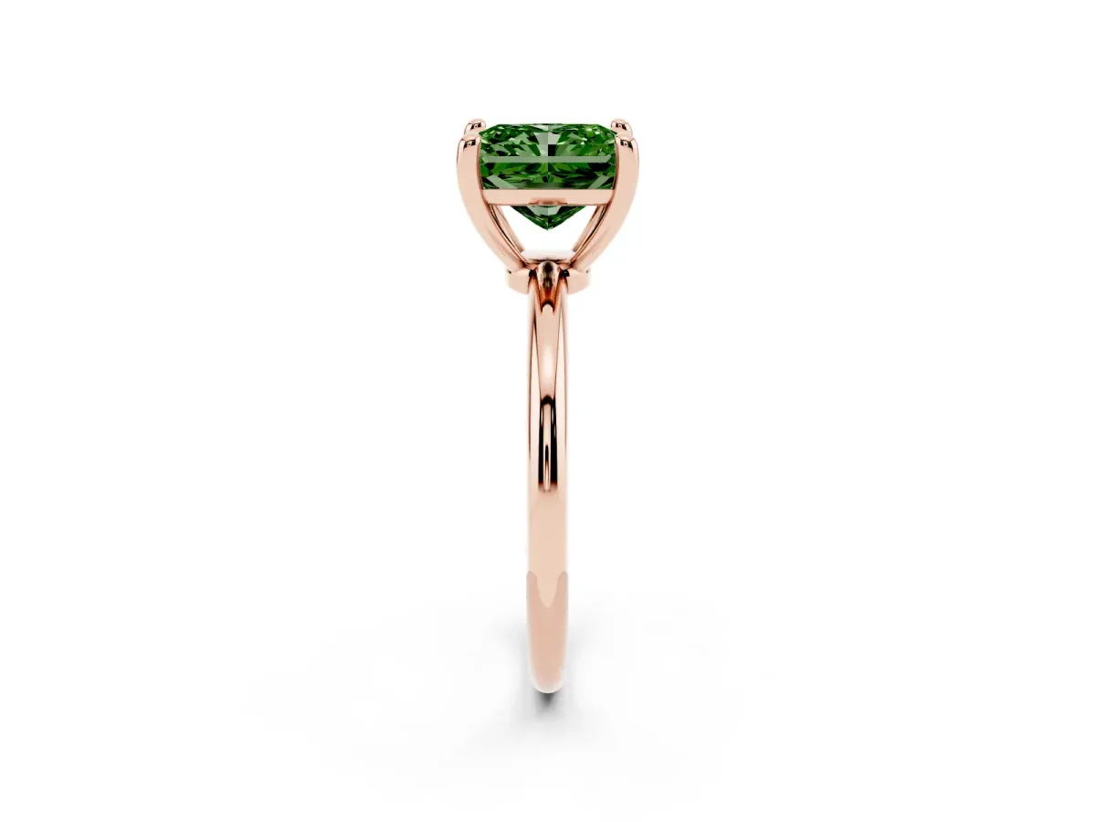 Fancy Green Radiant Cut Solitaire Diamond Ring with 4-Prong Setting on a Classic Band Rose gold