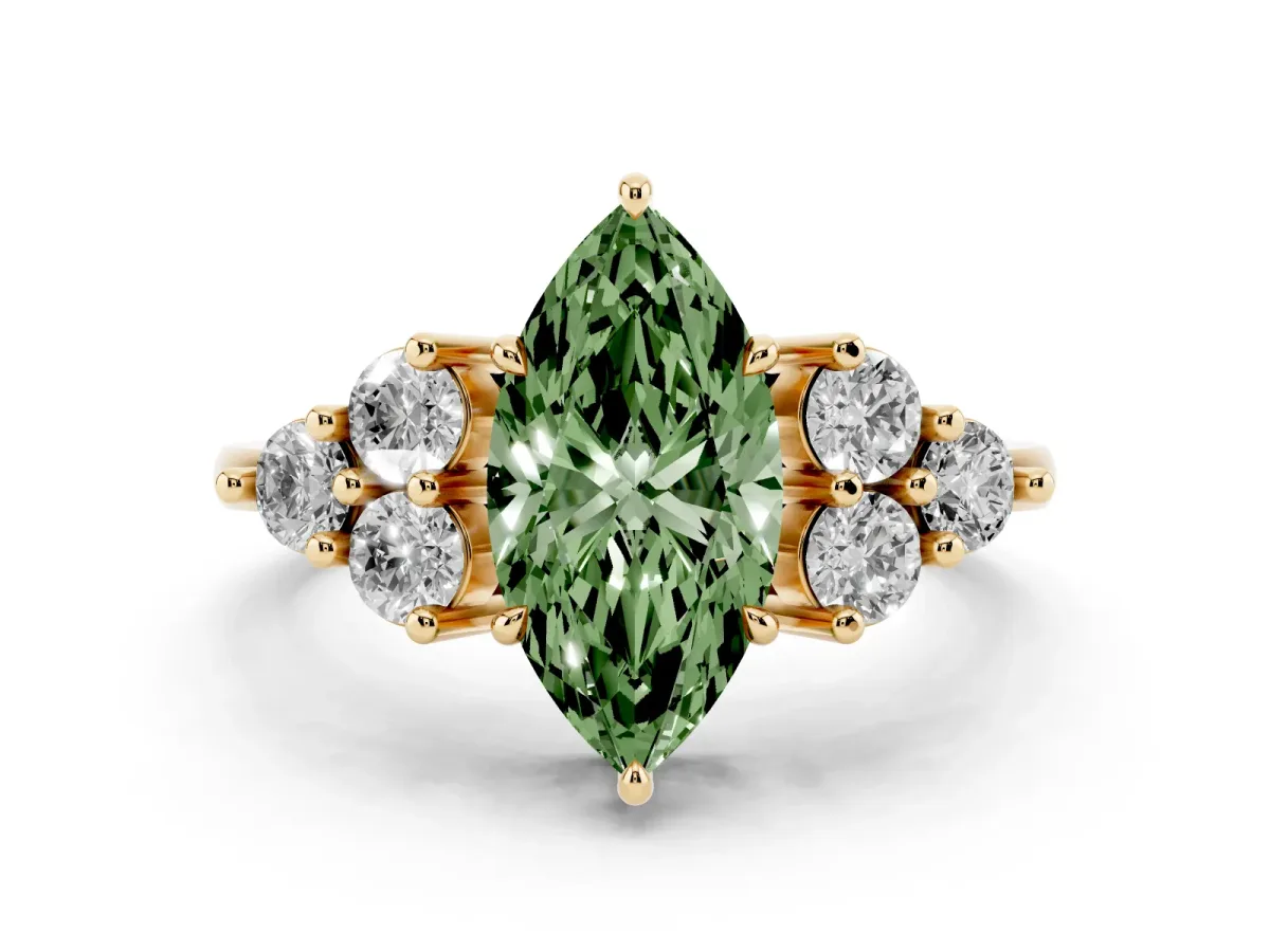 Fancy Green Marquise Cut Brilliant Diamond Cluster Accent Solitaire Ring with Prong Setting Yellow gold