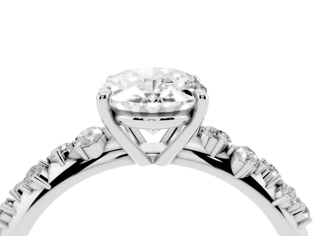 Oval Cut Diamond Cluster Side Stone Solitaire Ring with Prong Setting Silver