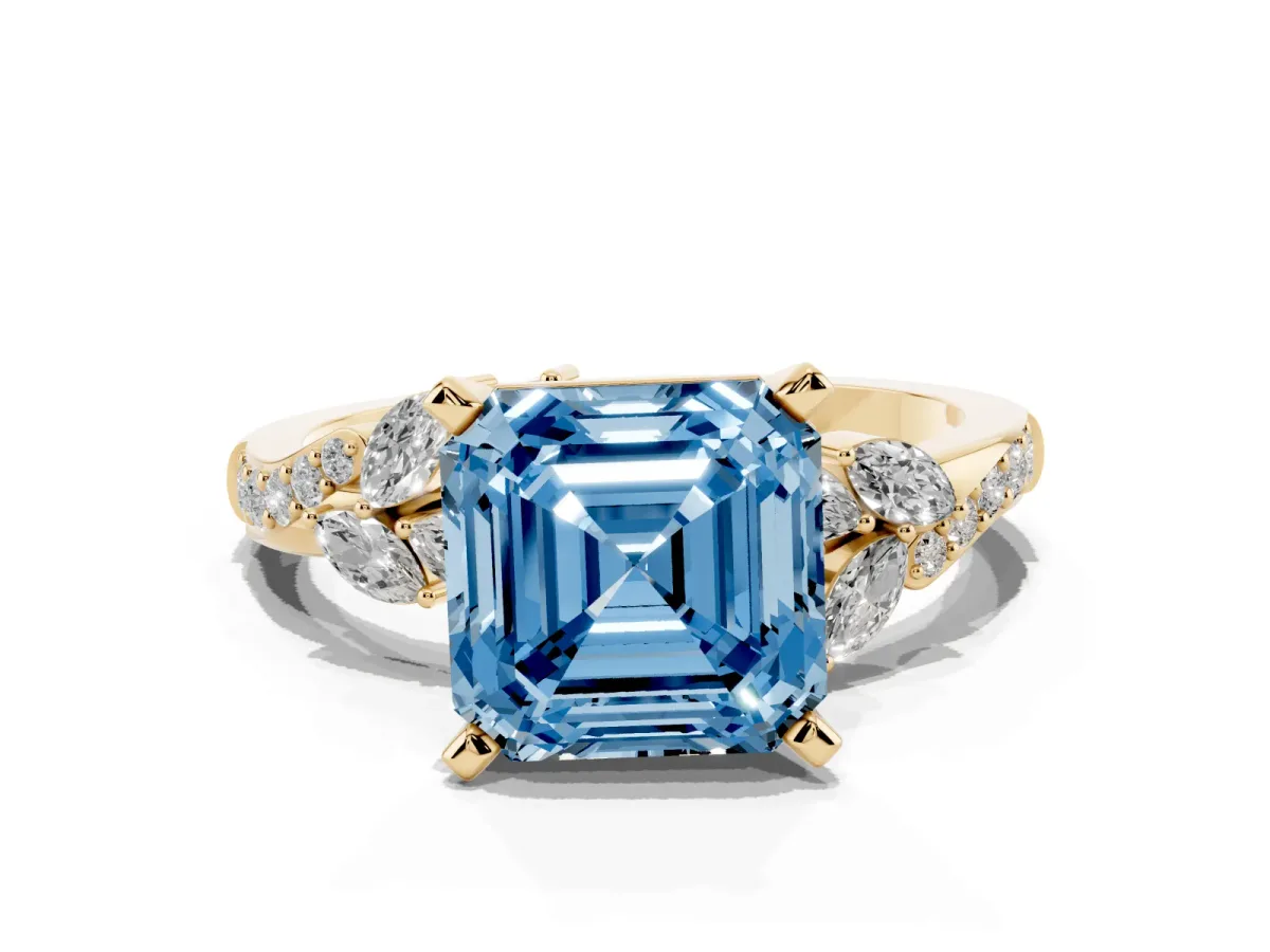 Fancy Blue Asscher Cut Solitaire Marquise Twist Band with Six-Prong Setting Yellow gold