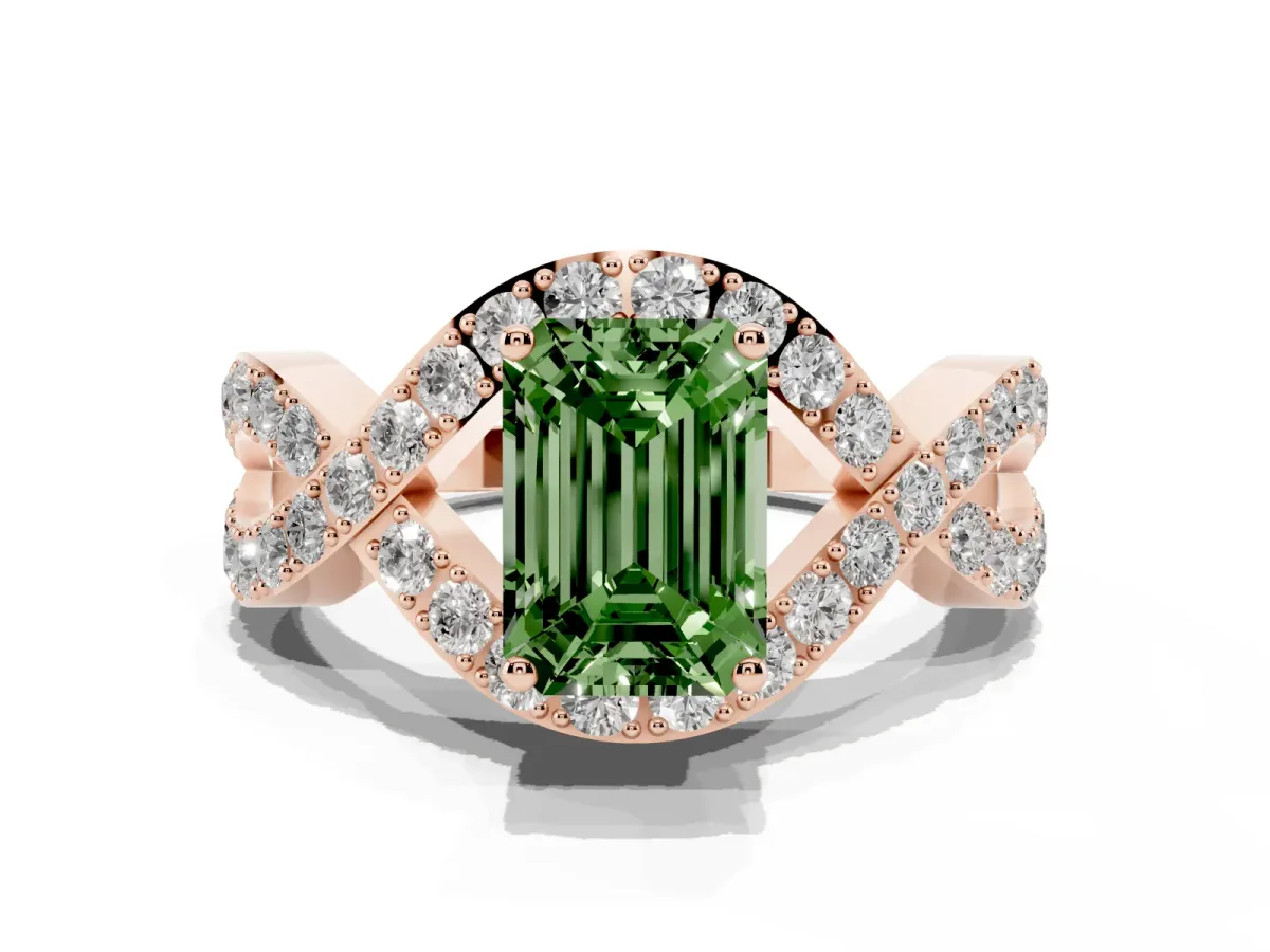 Fancy Green Emerald Cut Solitaire Twist Band Pavé Diamond Engagement Ring Rose gold