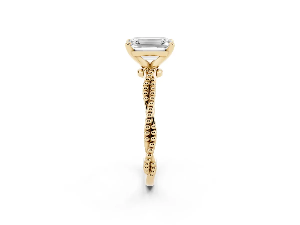 Emerald Cut Solitaire Twisted Band with Bead Prong Setting Yellow gold