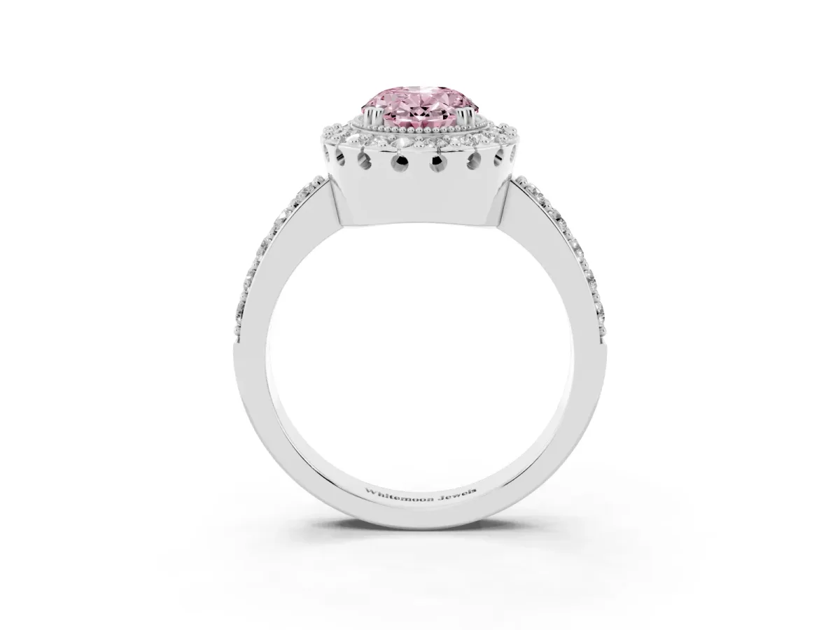 Fancy Pink Oval Cut Diamond Halo Ring with Pavé Band and Prong Setting Silver