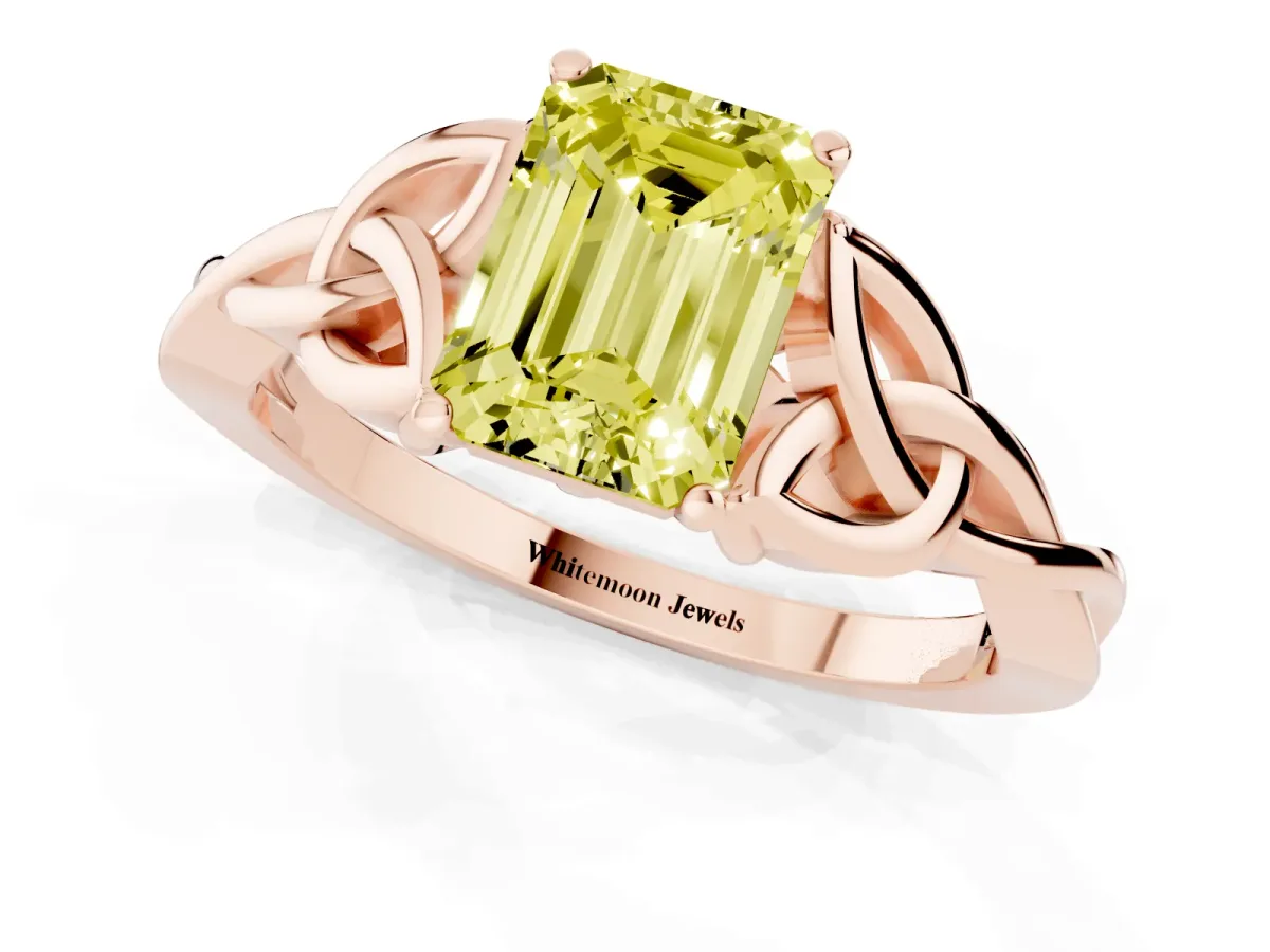Fancy Yellow Emerald Cut Diamond Solitaire Engagement Ring with Celtic Knot Band and Four-Prong Setting Rose gold