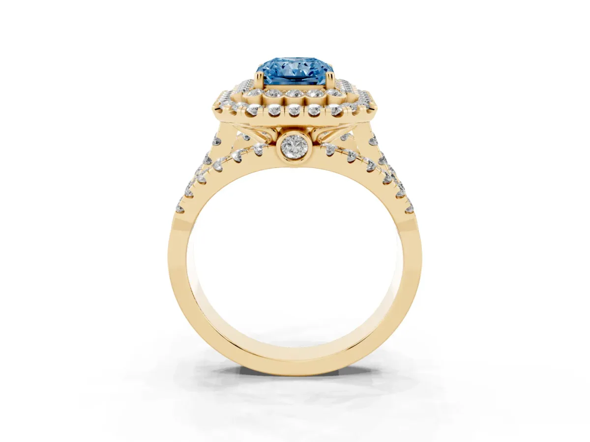 Fancy Blue Radiant Cut Diamond Double Halo Ring with Round Pavé Split Shank and Prong Setting Yellow gold