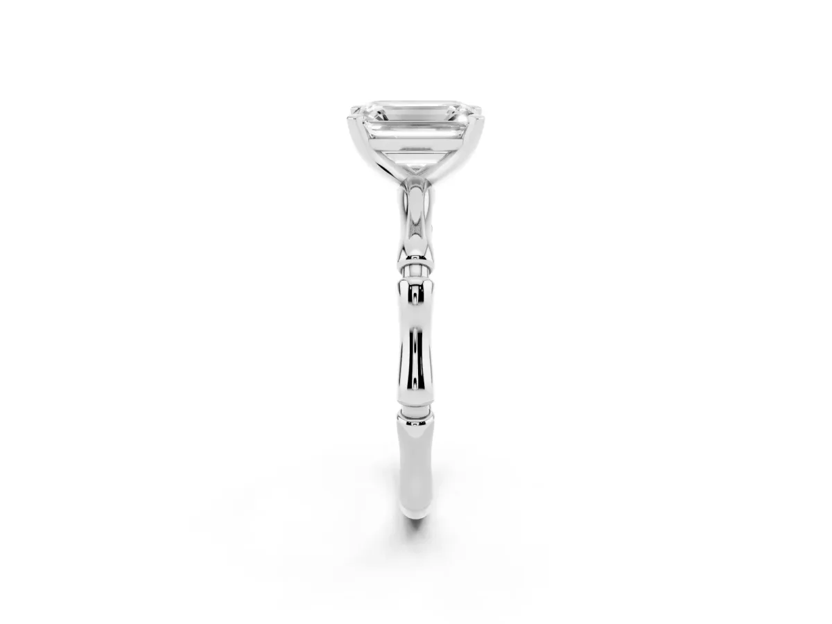 Emerald Cut Solitaire Diamond Ring with Bamboo Band and Four-Prong Setting Silver