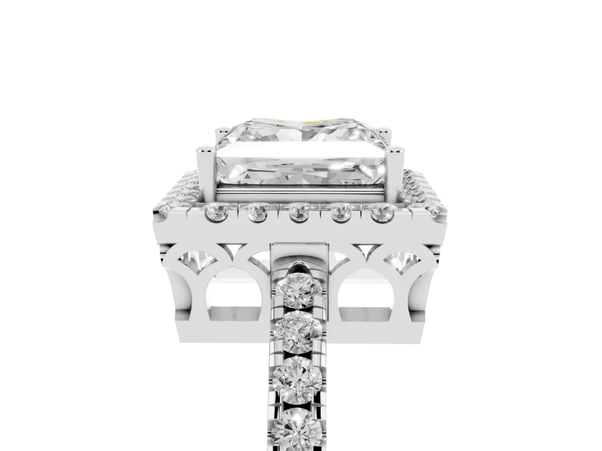 Princess Cut Halo Diamond Engagement Ring with Pavé Band and Four-Prong Setting White gold