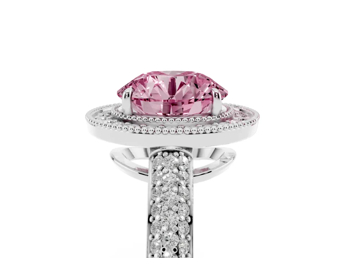 Fancy Pink Round Cut Cut Halo Diamond Pave Band with Four-Prong Setting Silver