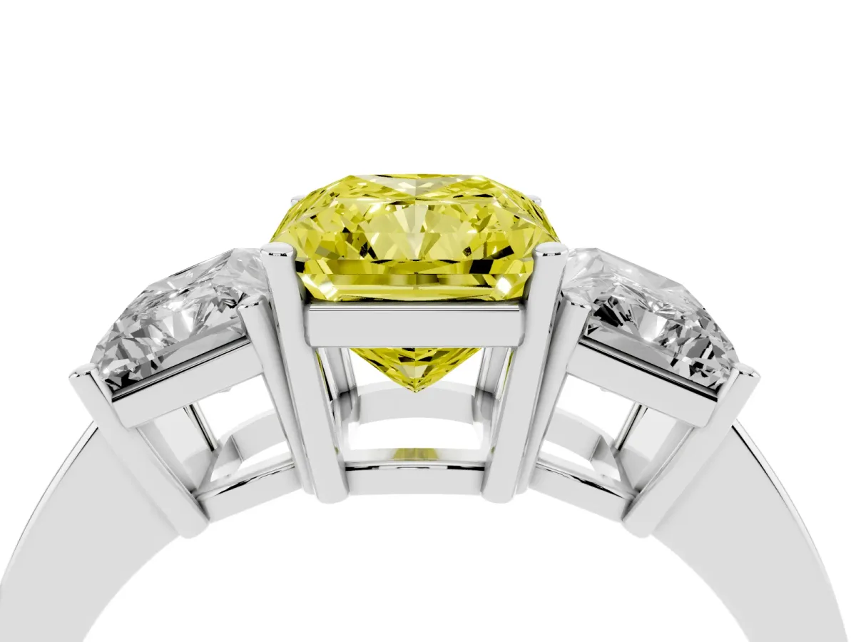 Fancy Yellow Three-Stone Radiant Cut Cut Diamond Engagement Ring with Flat Band and Four-Prong Setting Silver