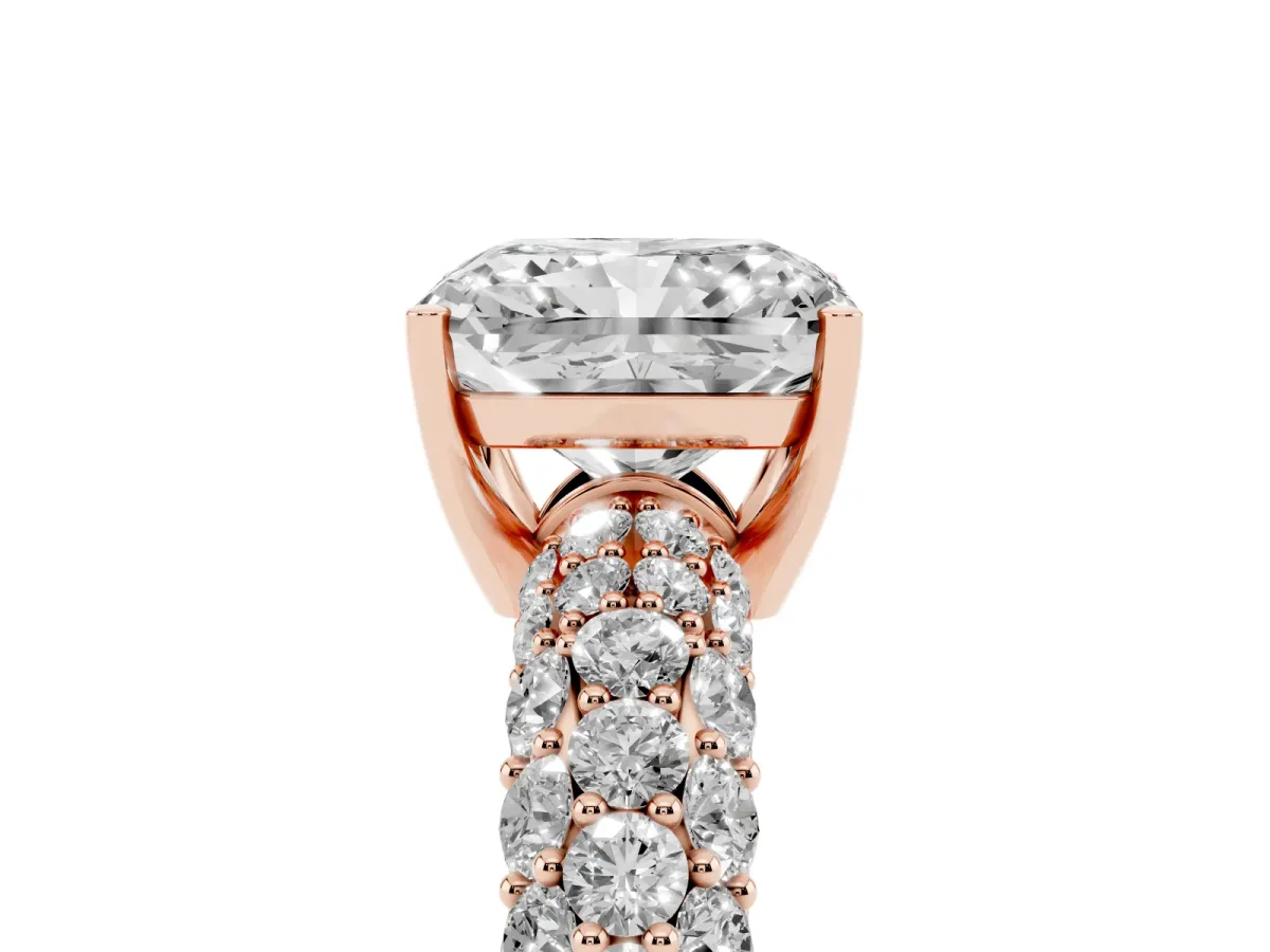 Radiant Cut Diamond Pavé Band Solitaire Ring with Four-Prong Setting Rose gold