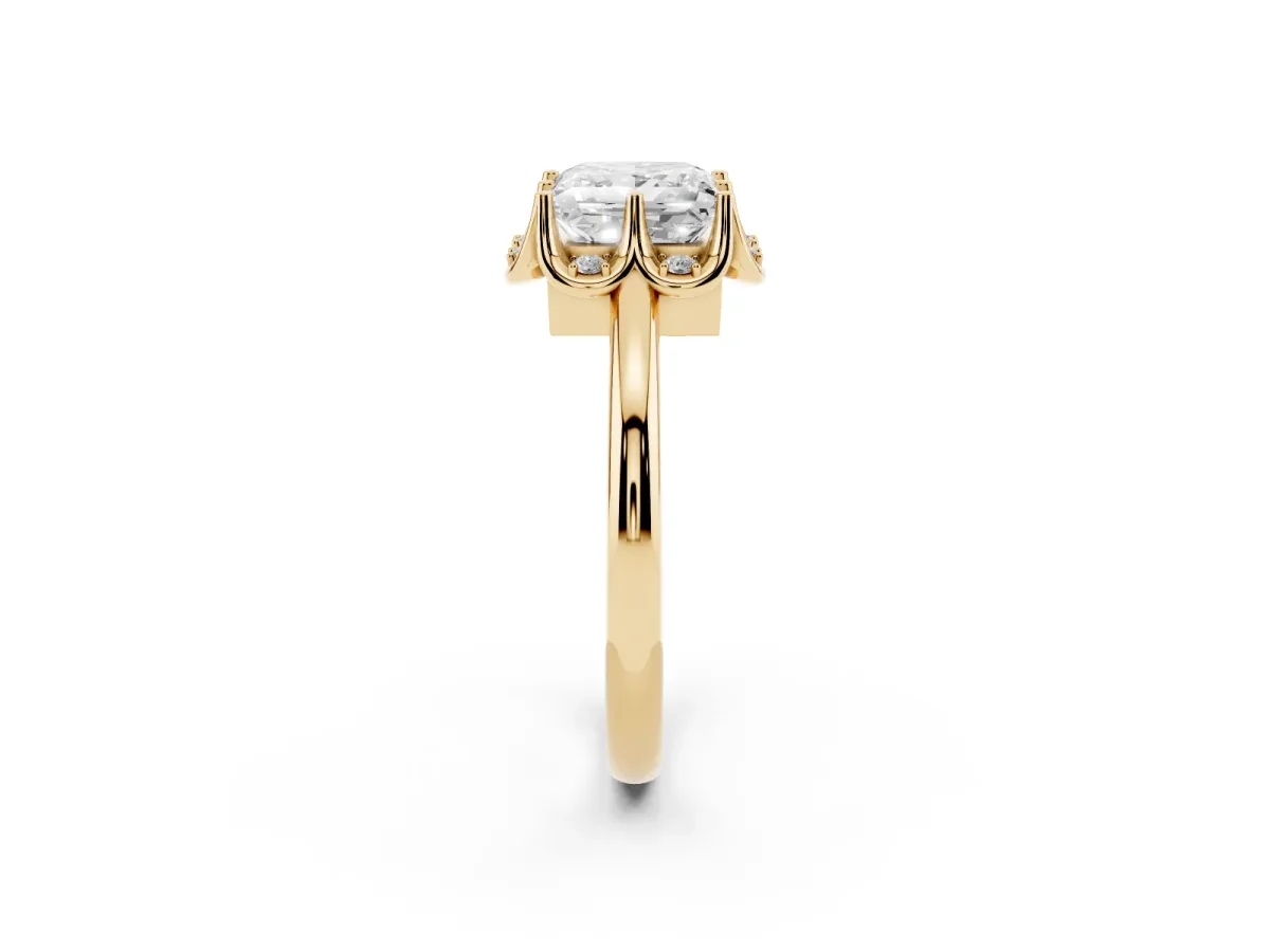 Princess Cut Halo Diamond Ring with Round Cluster Setting, Solitaire Band, and Four-Prong Setting Yellow gold