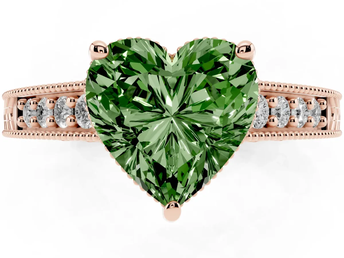 Fancy Green Heart Cut Solitaire Pavé Diamond Milgrain Engagement Ring with Four-Prong Setting Rose gold