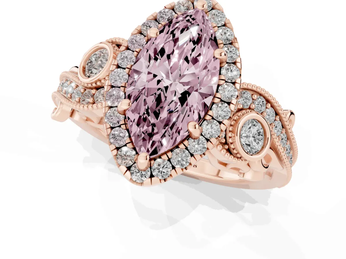 Fancy Pink Marquise Cut Halo Diamond Ring with Milgrain and Bezel Accents on a Split Shank Band Rose gold