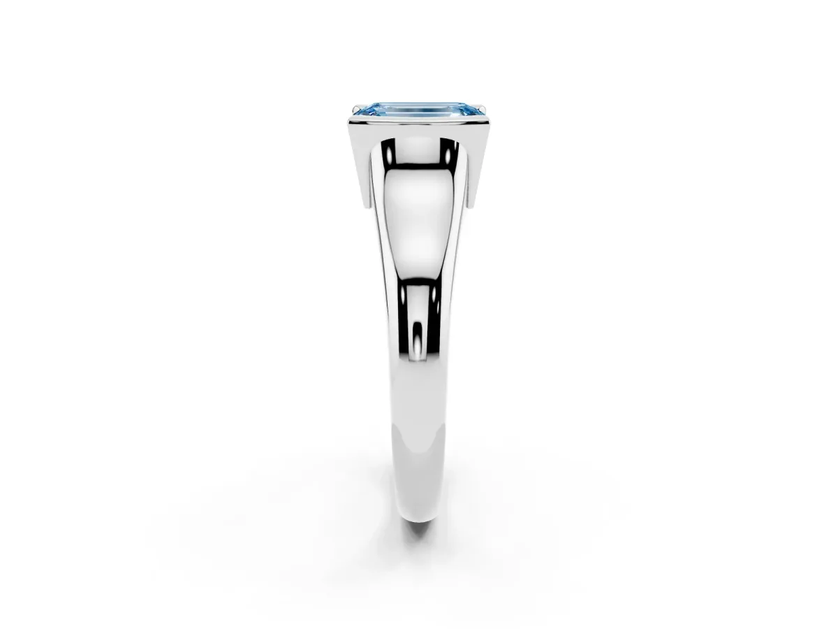 Fancy Blue Emerald Cut Solitaire Tension Set Diamond Ring with Split Shank Band Silver
