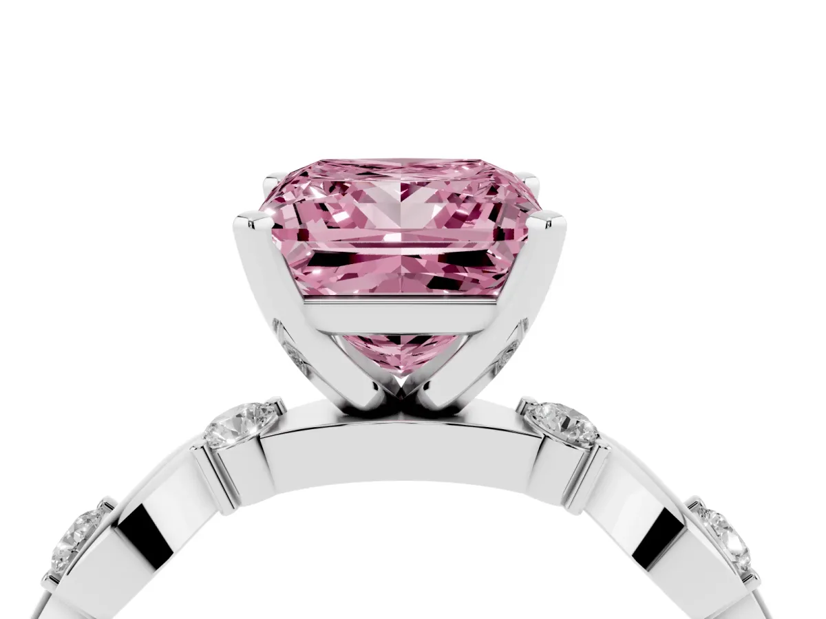Fancy Pink Princess Cut Diamond Solitaire Twisted Band with Round Accents and Prong Setting White gold