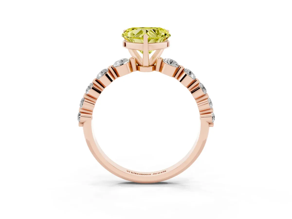 Fancy Yellow Heart Cut Solitaire Diamond Ring with Pave Band and Four-Prong Setting Rose gold