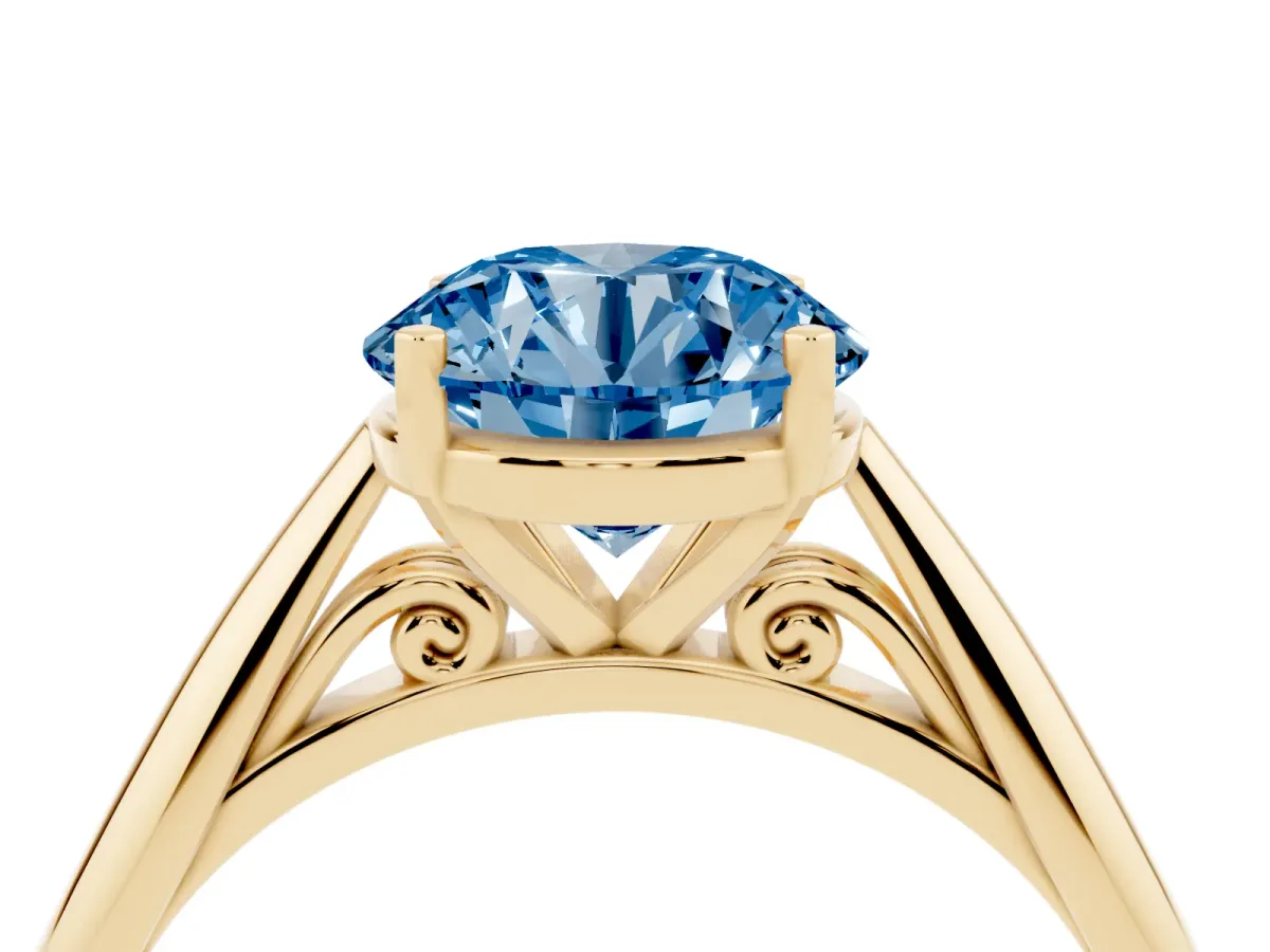 Fancy Blue Round Cut Diamond Solitaire Engagement Ring with Cathedral Setting and Four-Prong Mount Yellow gold