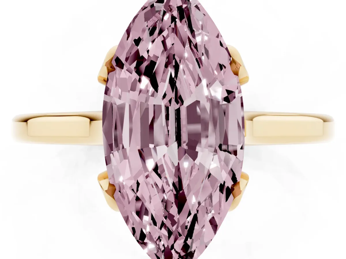 Fancy Pink Marquise Cut Diamond Solitaire Ring with Flower Prong Setting and Classic Band Yellow gold