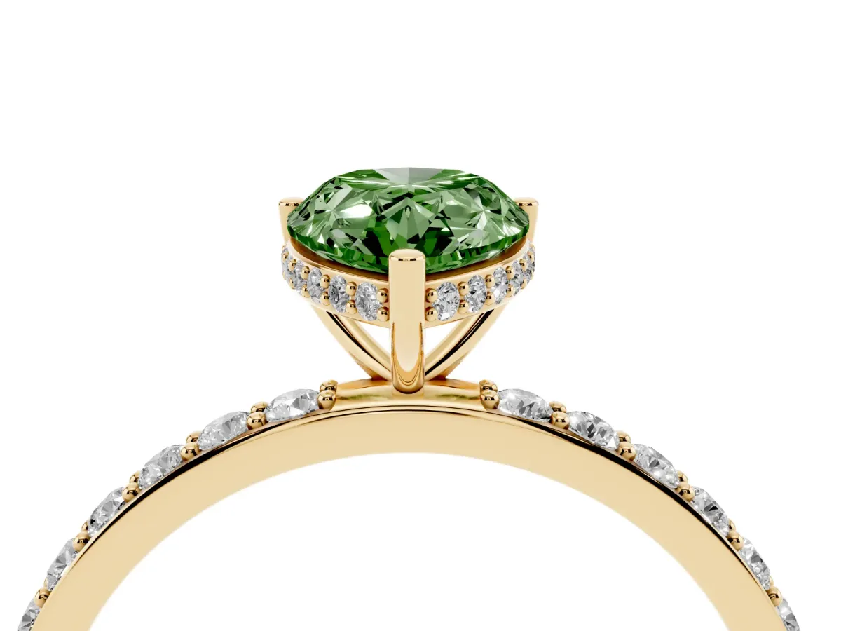 Fancy Green Pear Cut Diamond Solitaire Ring with Pavé Band and Hidden Halo Yellow gold