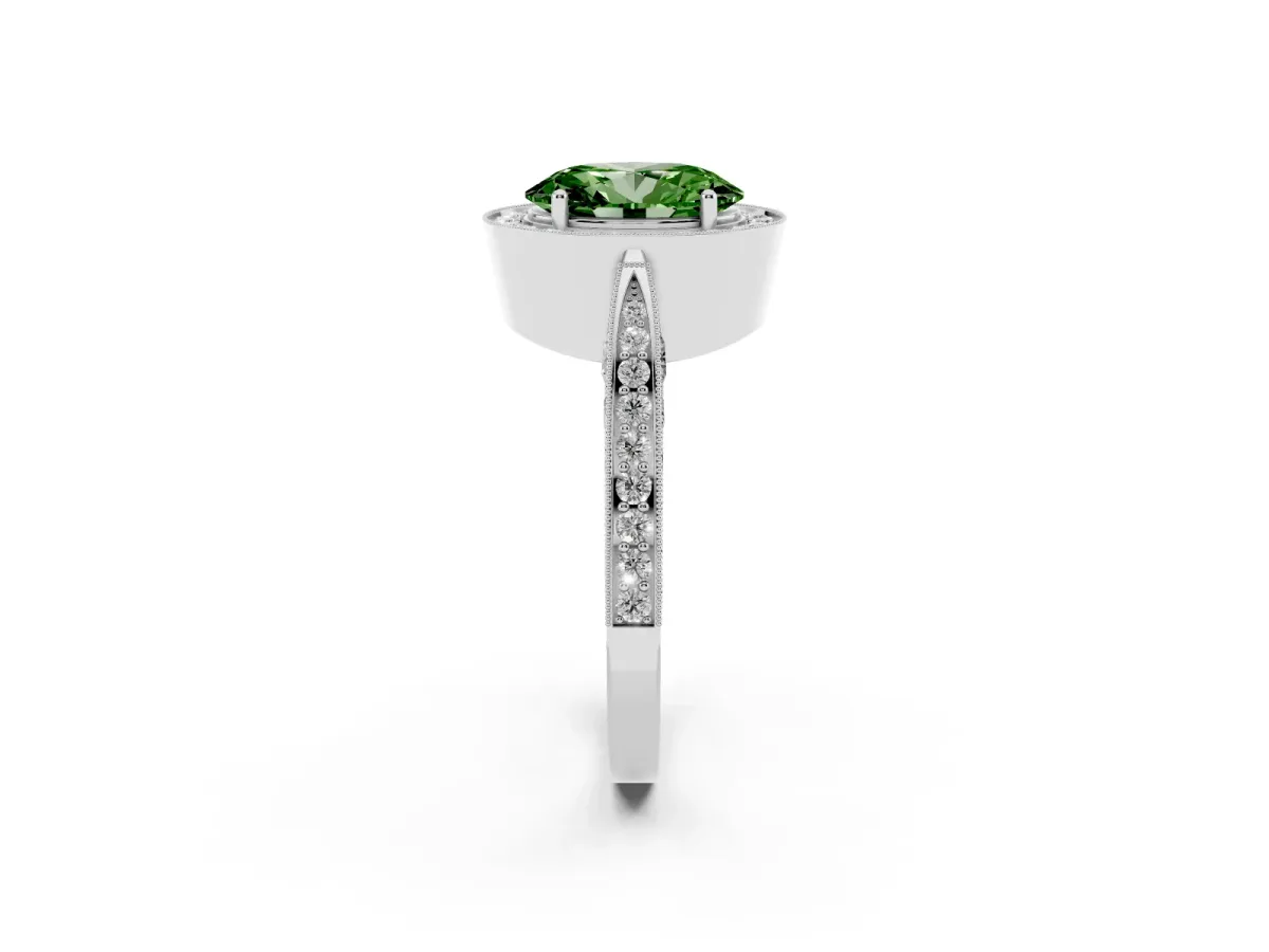 Fancy Green Oval Cut Halo Diamond Engagement Ring with Split Shank Band and Four-Prong Setting Silver