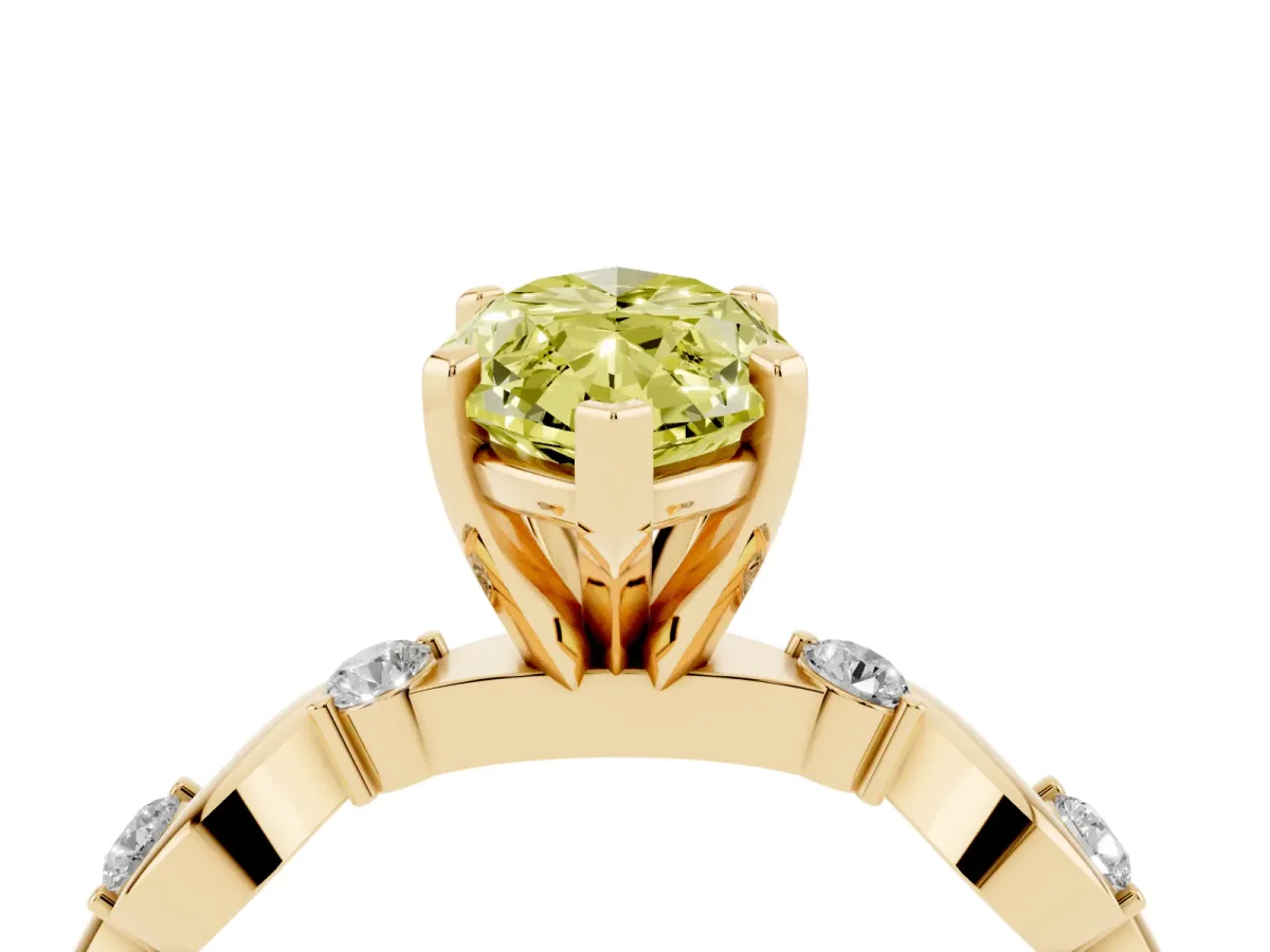 Fancy Yellow Marquise Cut Diamond Solitaire Twisted Band with Round Accents and Prong Setting Yellow gold
