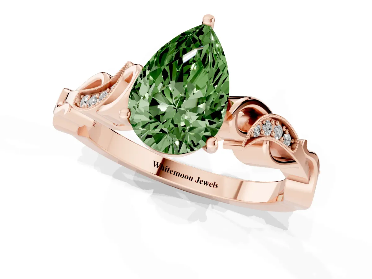 Fancy Green Pear Cut Solitaire Vine Band with Milgrain Prong Setting Rose gold