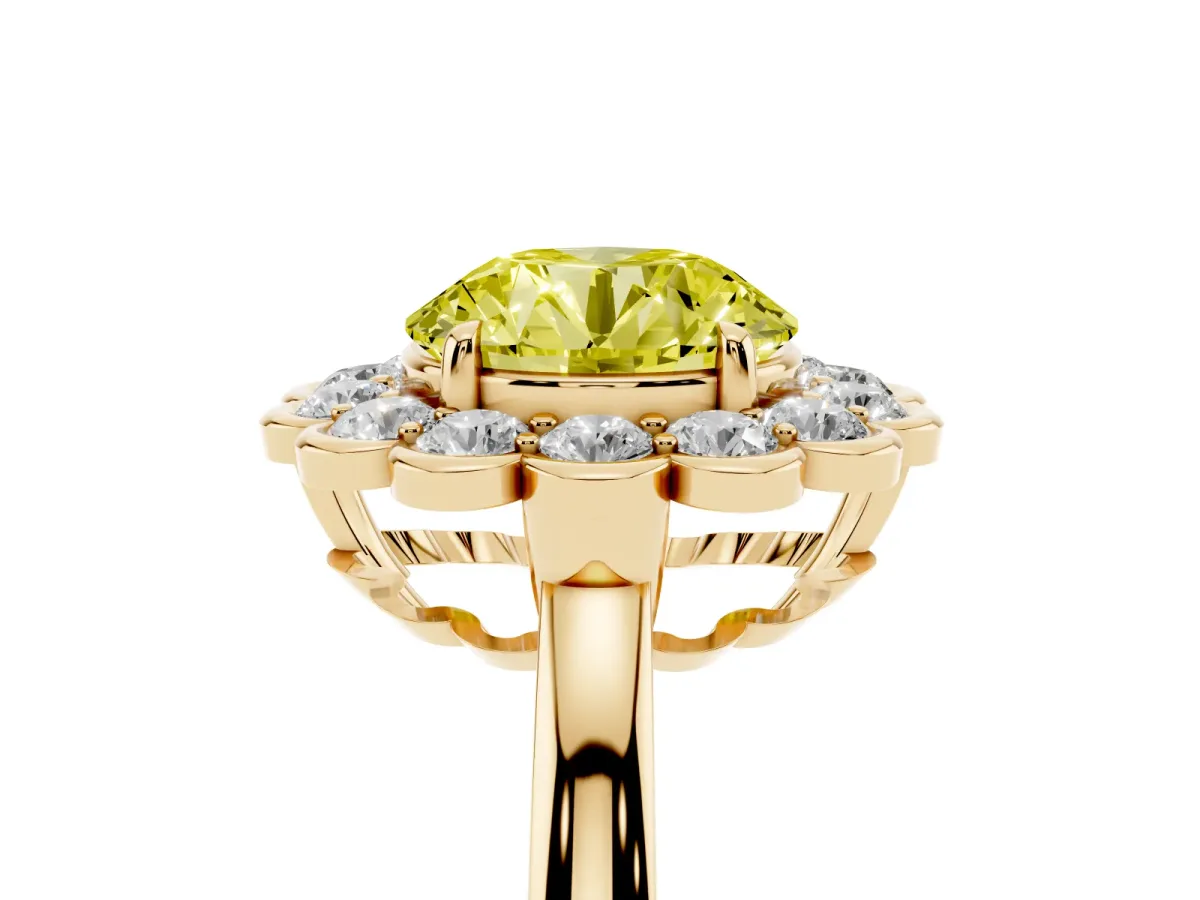 Fancy Yellow Round Cut Halo Cluster Diamond Engagement Ring with Solitaire Band and Prong Setting Yellow gold