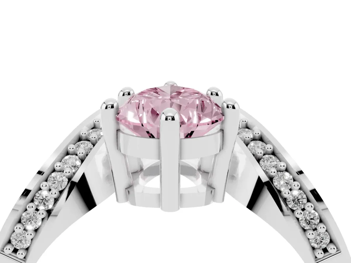 Fancy Pink Pear Cut Solitaire Diamond Engagement Ring with Pave Band and Four-Prong Setting Platinum