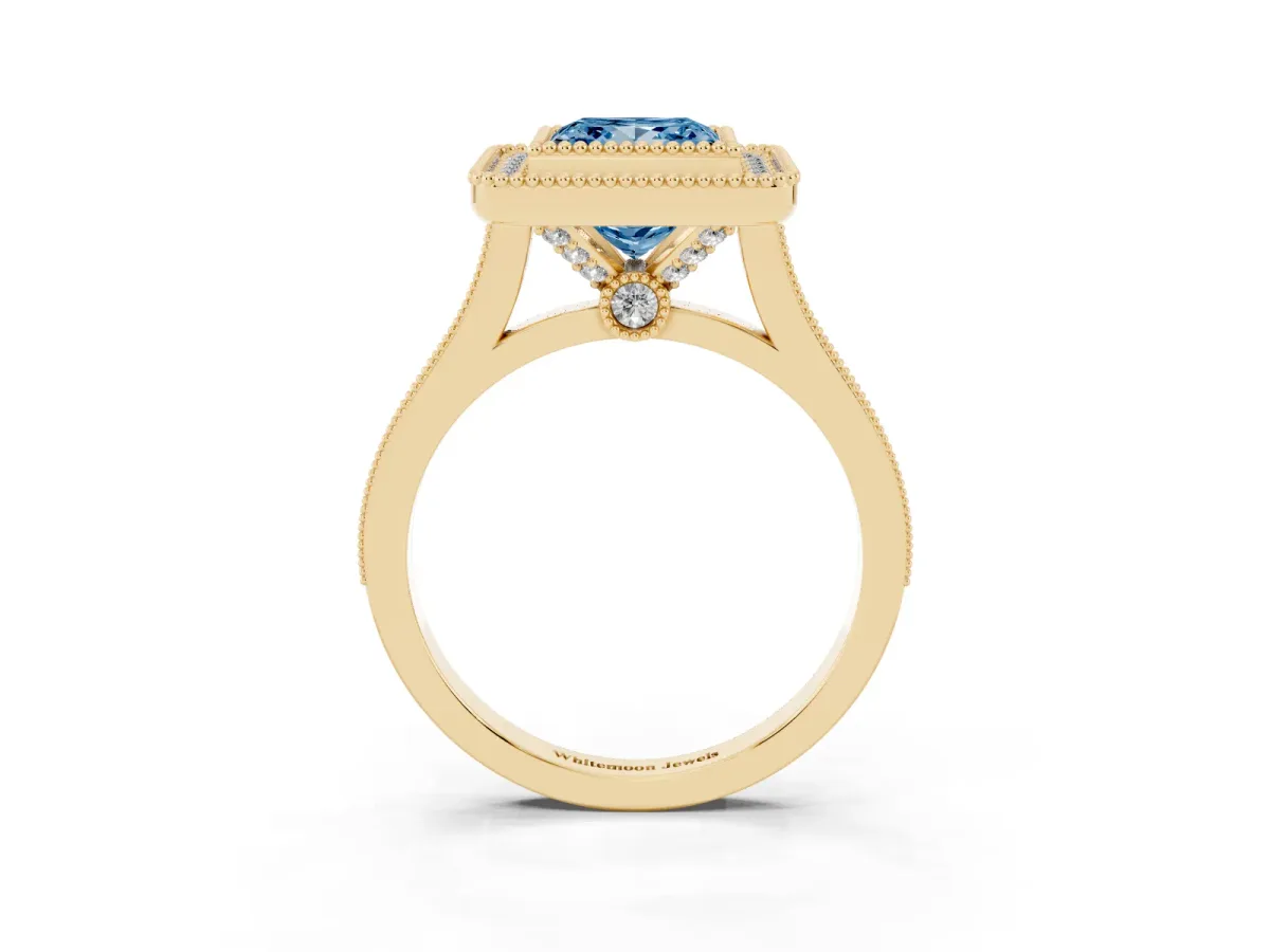 Fancy Blue Princess Cut Diamond Halo Ring with Milgrain Frame and Pavé Band Yellow gold