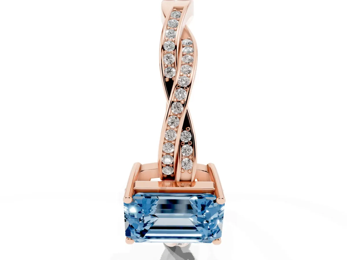 Fancy Blue Emerald Cut Solitaire Twisted Pave Diamond Ring with Four-Prong Setting Rose gold