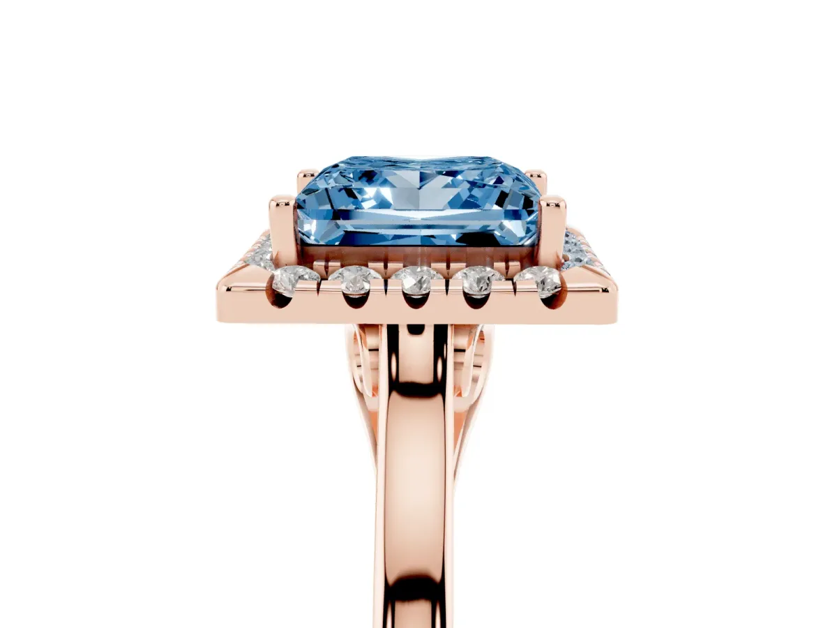 Fancy Blue Princess Cut Halo Round Diamond Solitaire Ring with Pavé Band and Four-Prong Setting Rose gold