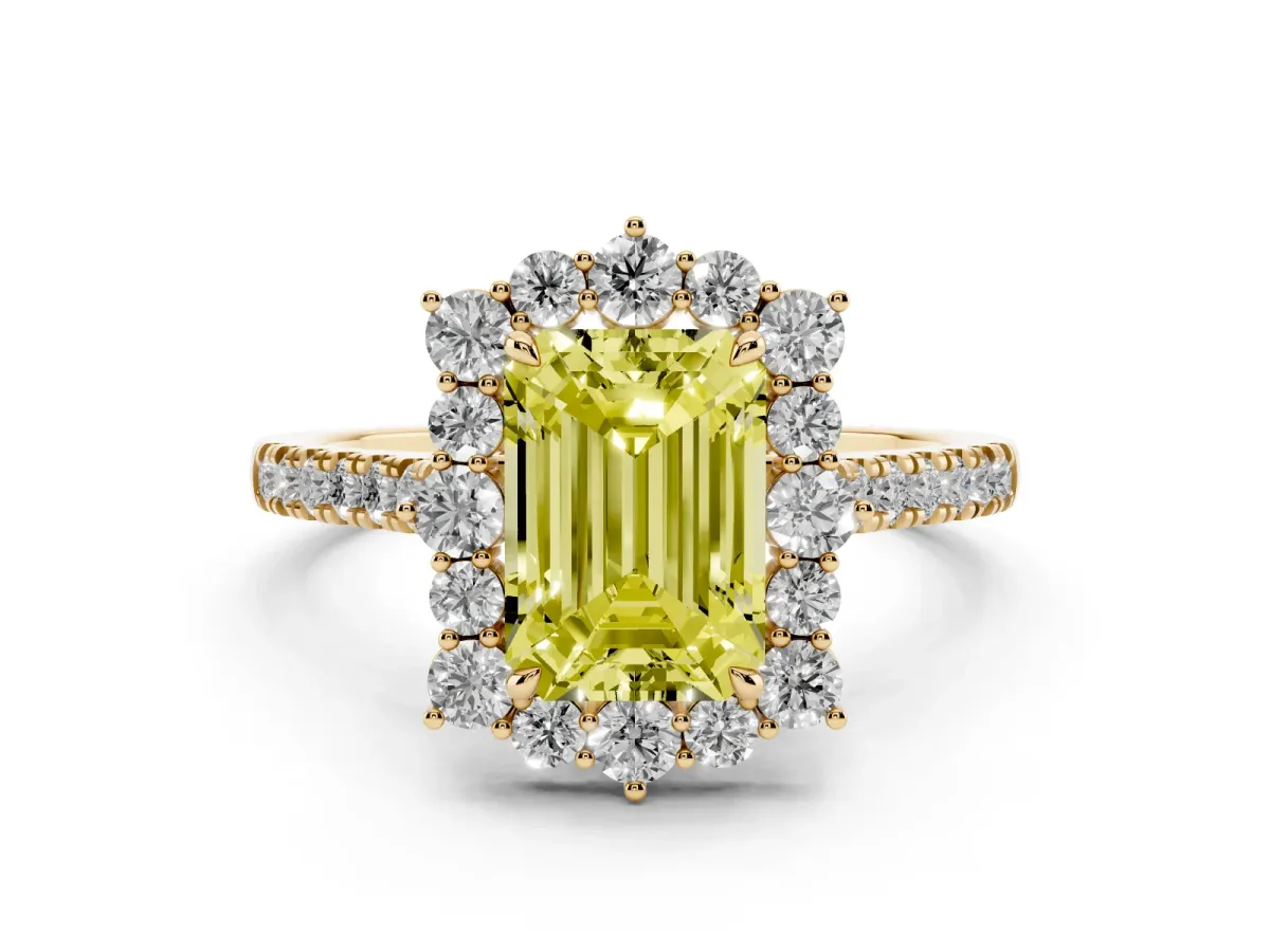 Fancy Yellow Emerald Cut Halo Diamond Ring with Pavé Band and Prong Setting Yellow gold