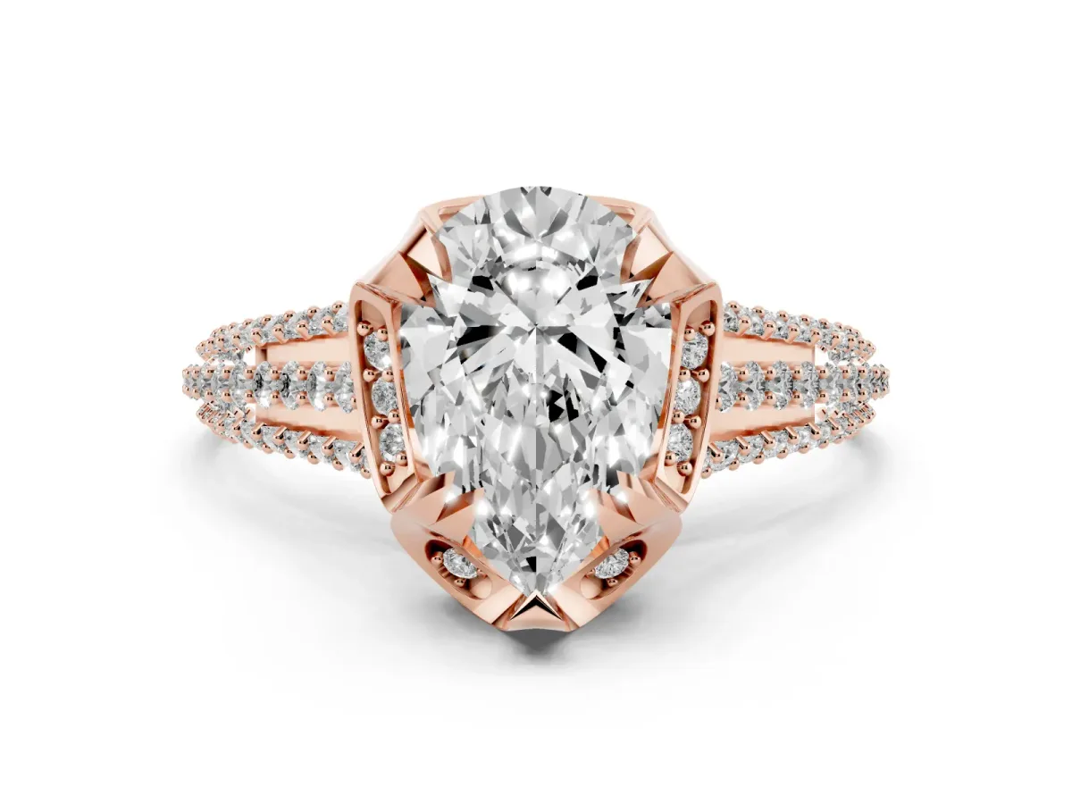Pear Cut Solitaire Pave Split Shank Ring with Four-Prong Setting Rose gold